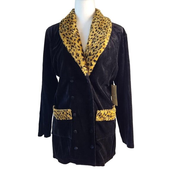 1990s Richard & Company Black Velvet Smoking Jacket Small Leopard Faux Fur Trim - Picture 2 of 8